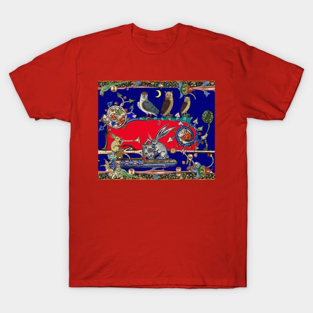 WEIRD MEDIEVAL BESTIARY MAKING MUSIC,Three Owls And Night Concert of Rabbits, Red Blue T-Shirt by BulganLumini